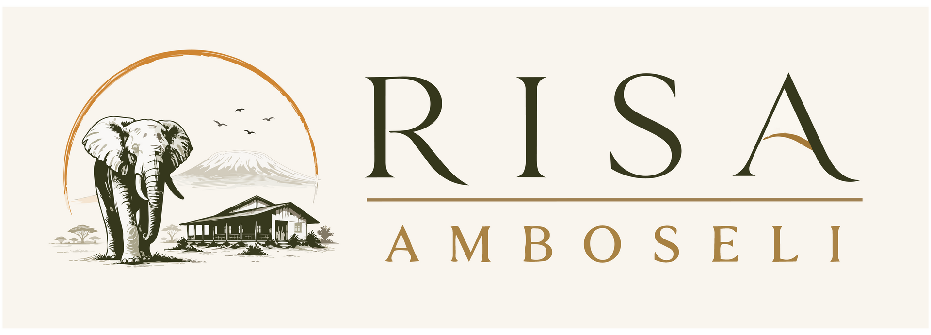 RISA Amboseli logo with an elephant silhouette, acacia tree, and lodge illustration in gold and black
