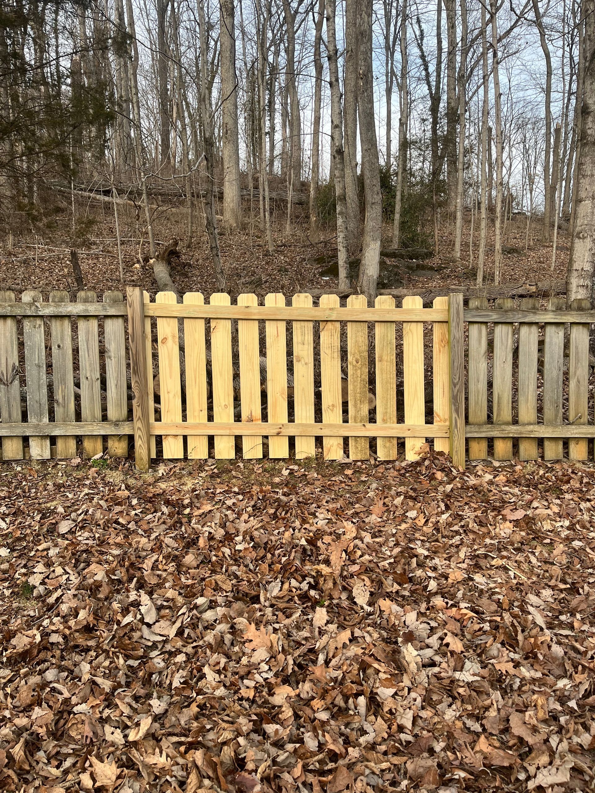 A new, light-colored wooden fence section sits between two older, weathered sections in a forest filled with brown leaves.