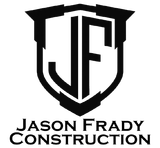 Black logo of Jason Frady Construction featuring the initials "JF" inside a shield outline on a white background.