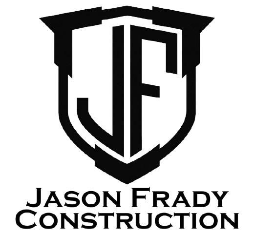 Black logo of Jason Frady Construction featuring the initials "JF" inside a shield outline on a white background.