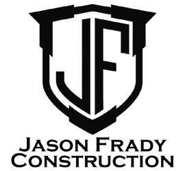 Black logo of Jason Frady Construction featuring the initials "JF" inside a shield outline on a white background.