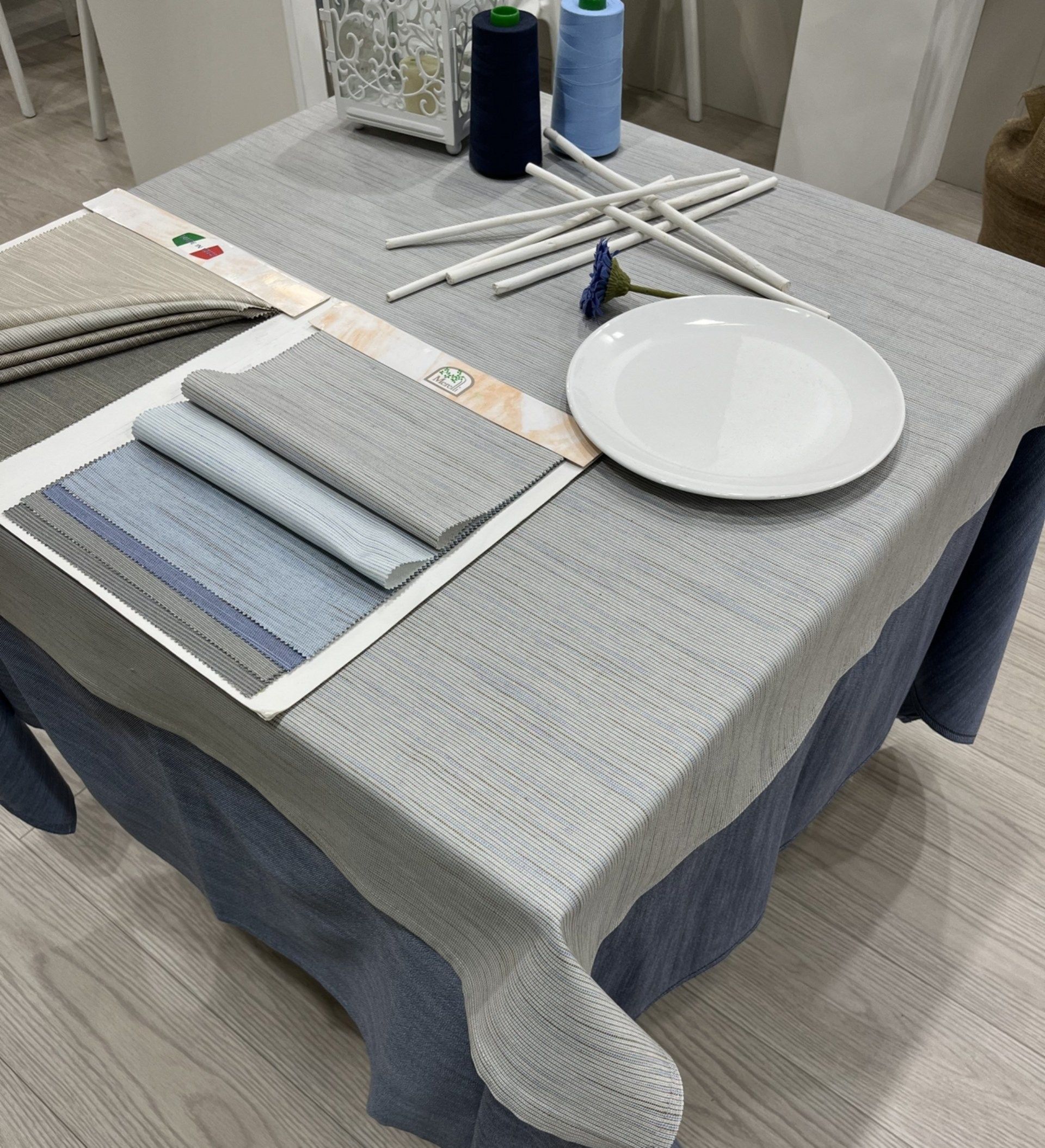 Catering fabric production in Leffe grey/blue shade