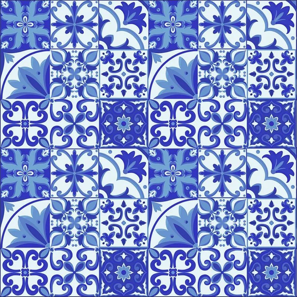 patterned with blue damask squares