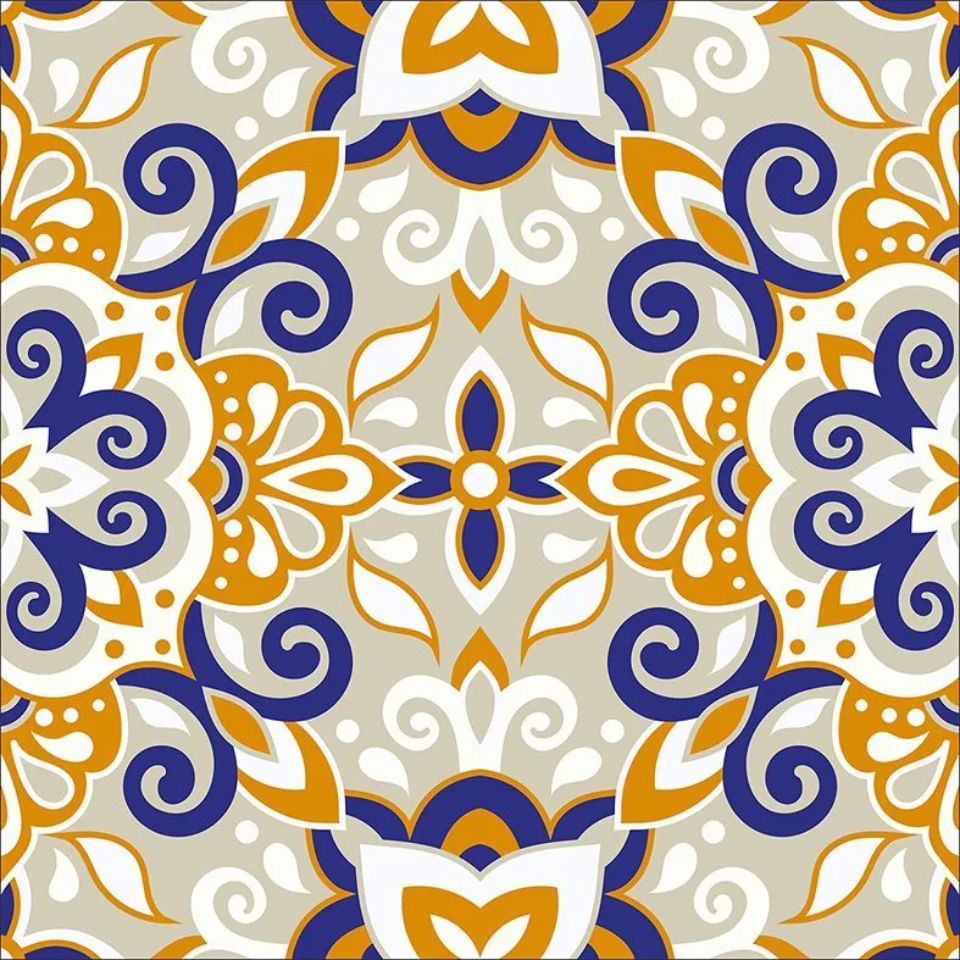 blue, orange and grey damask pattern