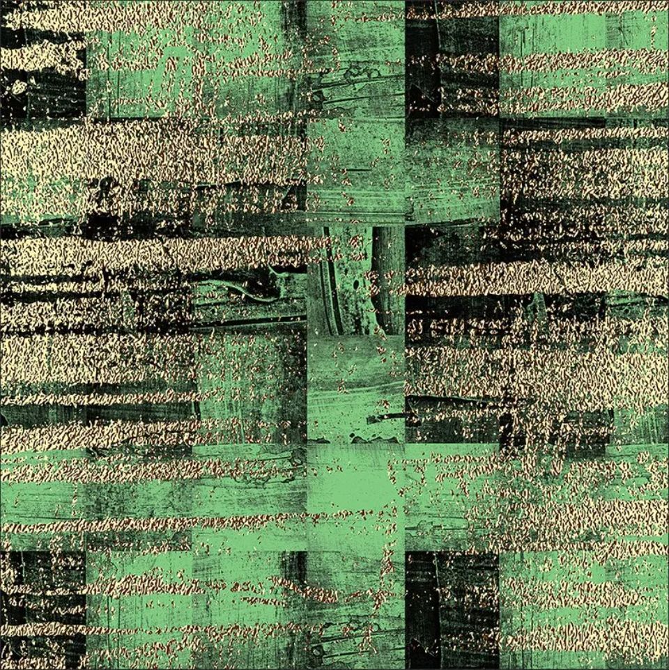 green and gold tablecloth with abstract pattern