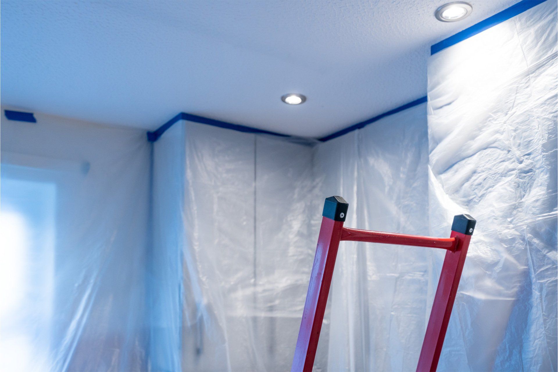 Kitchen Covered With Plastic Ready For Ceiling Paint - West Yarmouth, MA - Cape Custom Painting Kitchen Covered With Plastic Ready For Ceiling Paint - West Yarmouth, MA - Cape Custom Painting