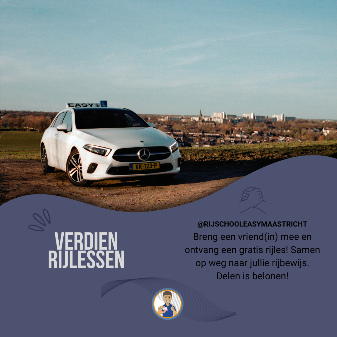 Een witte lesauto van rijschool easy staat geparkeerd langs een onverharde weg.