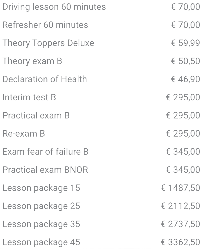 Price list for driving lessons and exams.