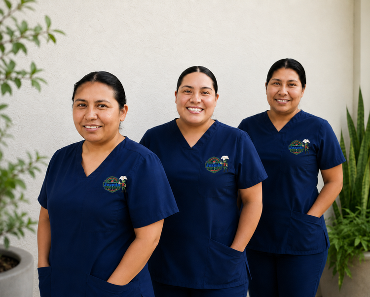 Three staff members in navy scrubs standing indoors, smiling at the camera.