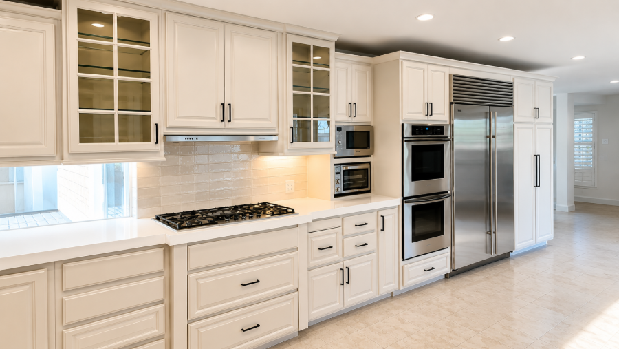 Bright modern white kitchen with stainless steel appliances, island, and large windows