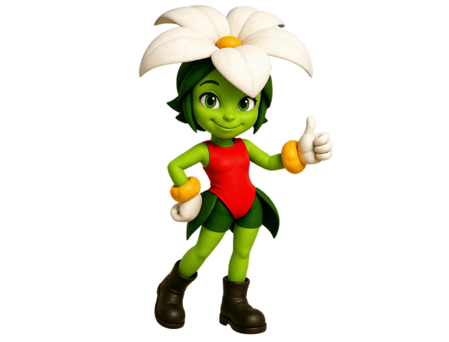 Green cartoon character with white flower hat, red shirt, black boots, giving a thumbs-up