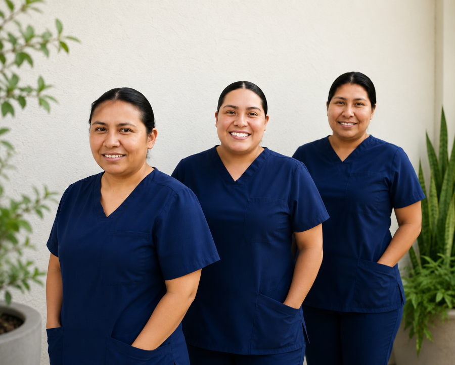 Three healthcare workers in navy scrubs standing indoors, smiling against a light wall and plants.