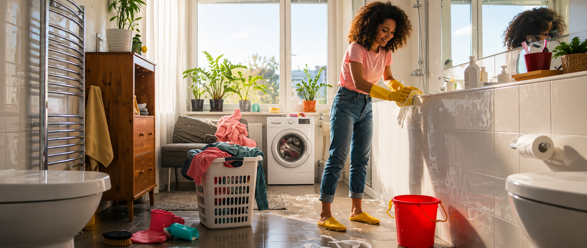 Person doing laundry in a bright bathroom, with water spilling on the floor and a red bucket nearby
