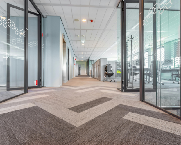 Modern office hallway with glass walls, gray carpet, and bright natural light