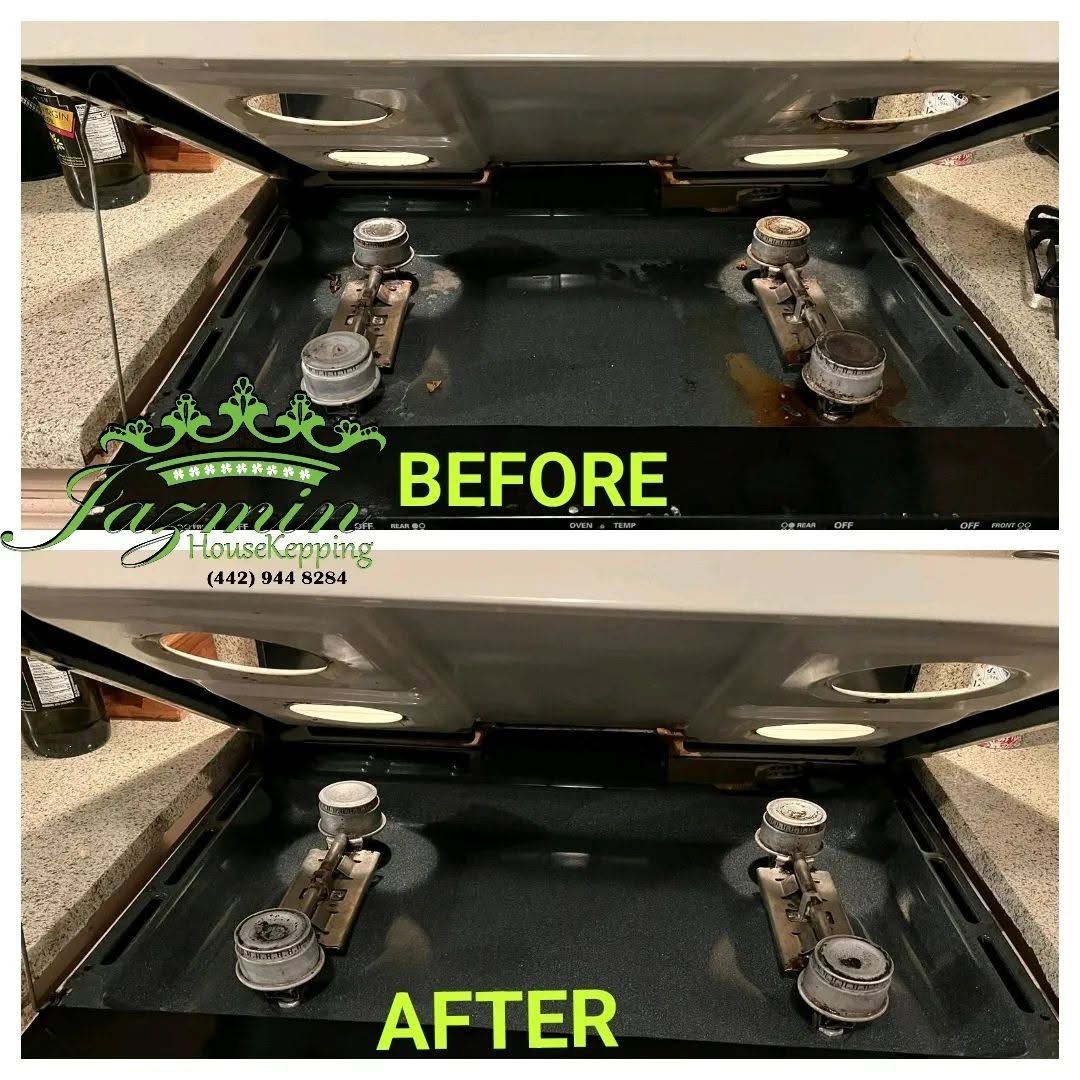Before-and-after view of a black appliance interior cleaned of grease and debris