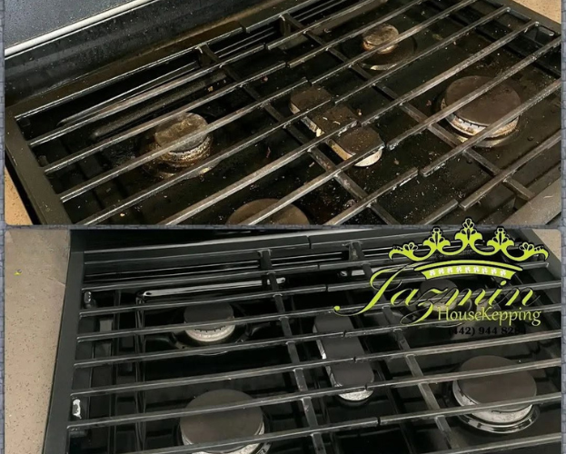 Dirty stove grates before and after cleaning, shown in a split comparison.