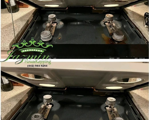 Vehicle underside with black tank and two metal fittings before and after cleaning