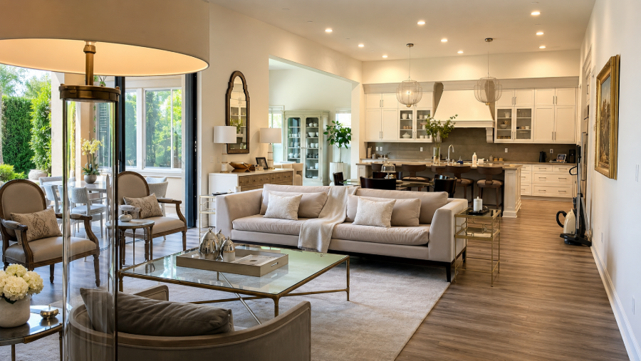 Bright open-concept living room and kitchen with neutral decor, large windows, and warm wood floors