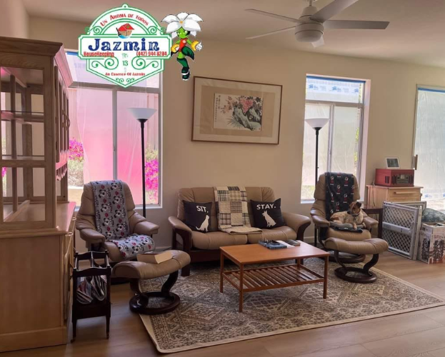 Cozy living room with patterned chairs, coffee table, rug, and wall art in warm beige tones.
