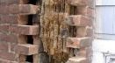 A brick wall with a piece of wood sticking out of it.