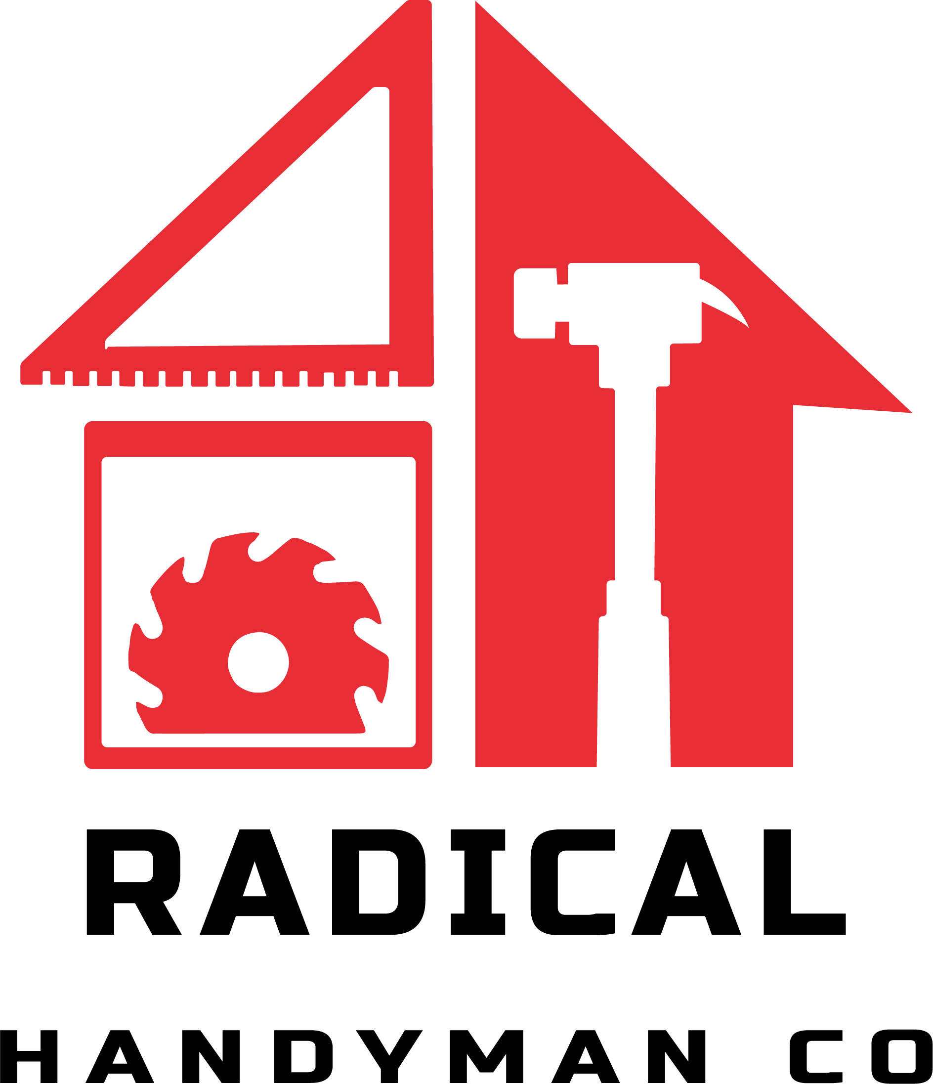 Red handyman logo with house outline, saw blade and hammer, text “RADICAL HANDYMAN CO”