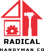Red handyman logo with house outline, saw blade and hammer, text “RADICAL HANDYMAN CO”