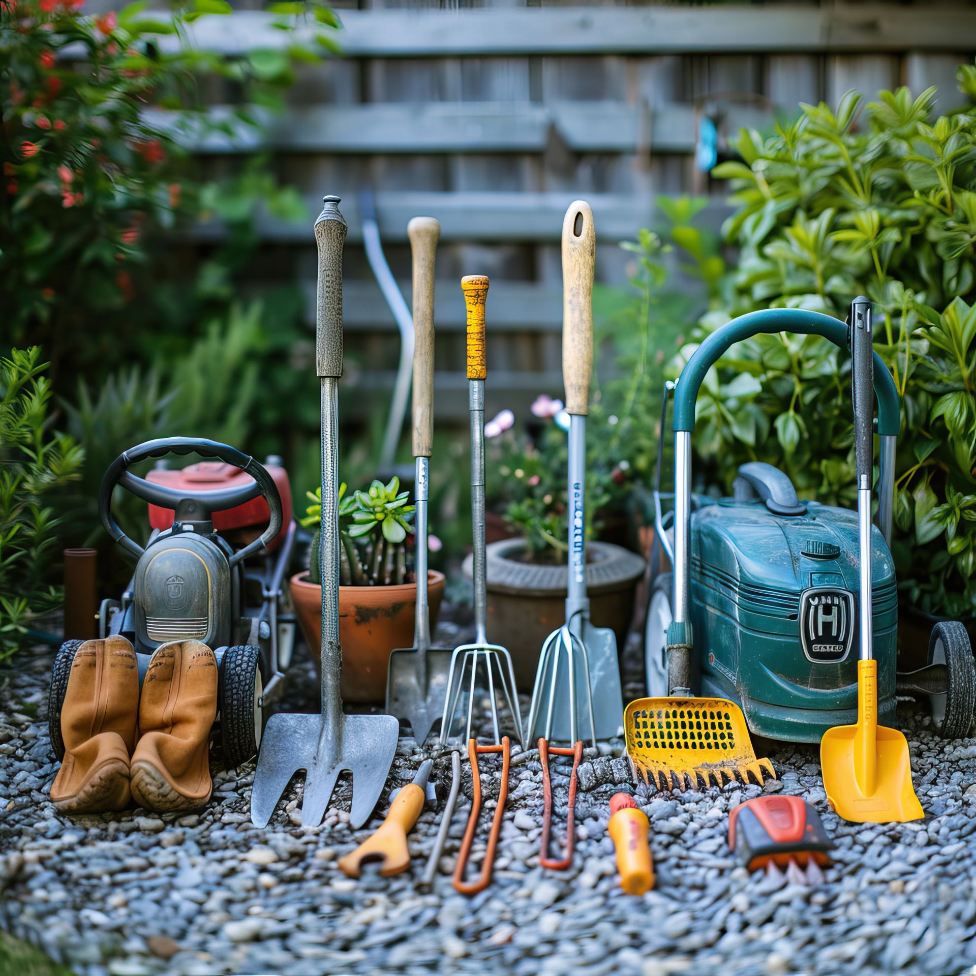 A vacuum cleaner is sitting next to a bunch of gardening tools