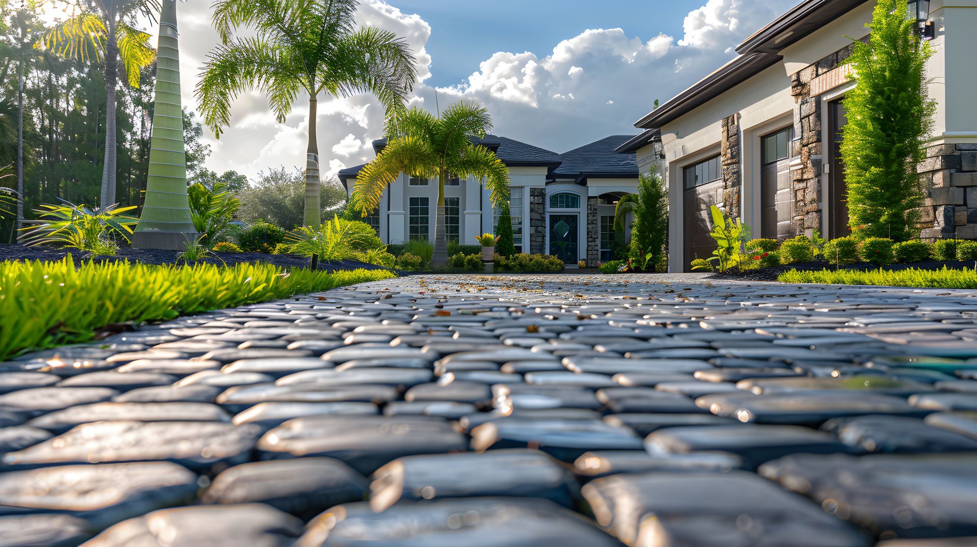 A cobblestone driveway leading to a large house with palm trees in the background.