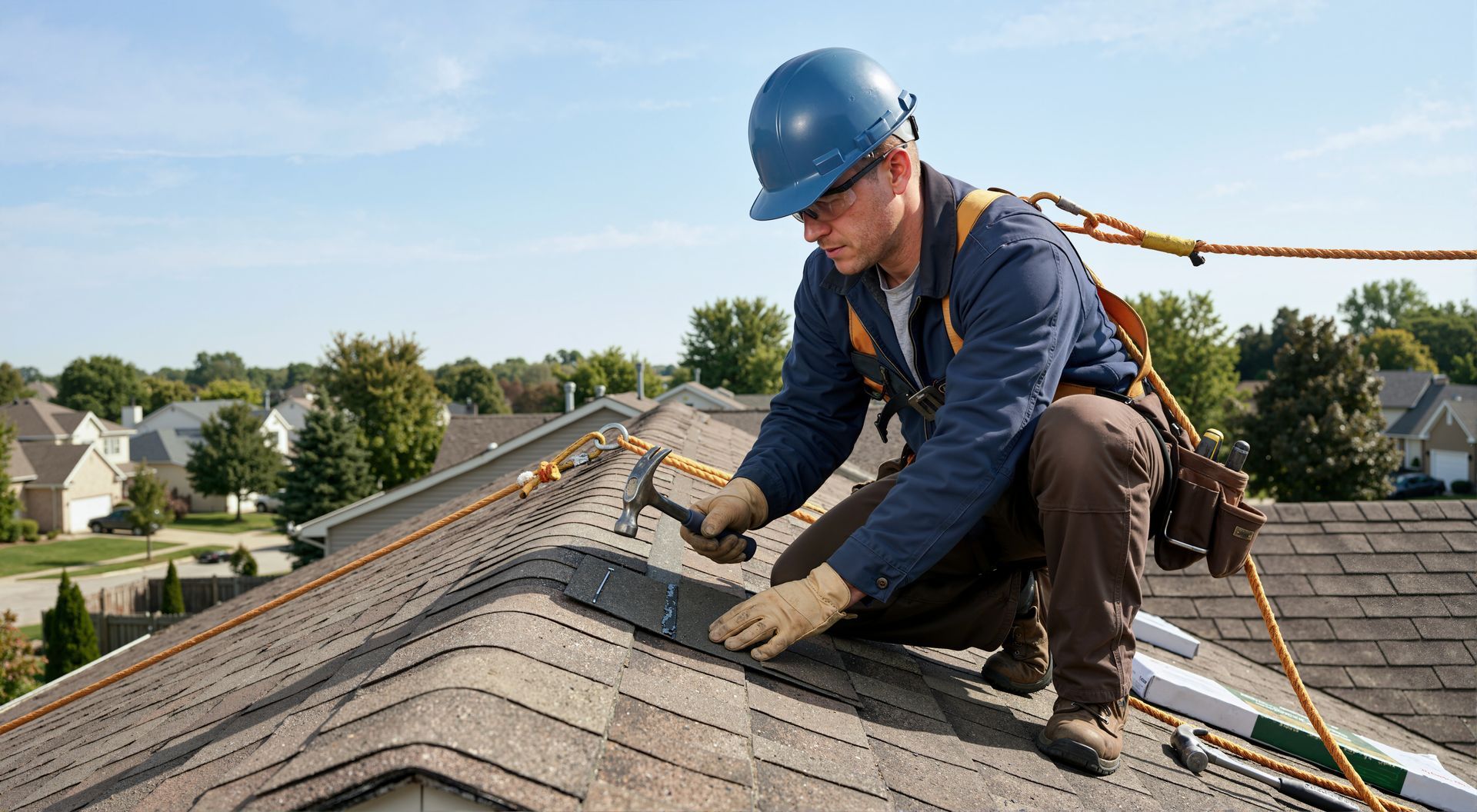 Roofer in safety gear hammering shingles on a residential roof.