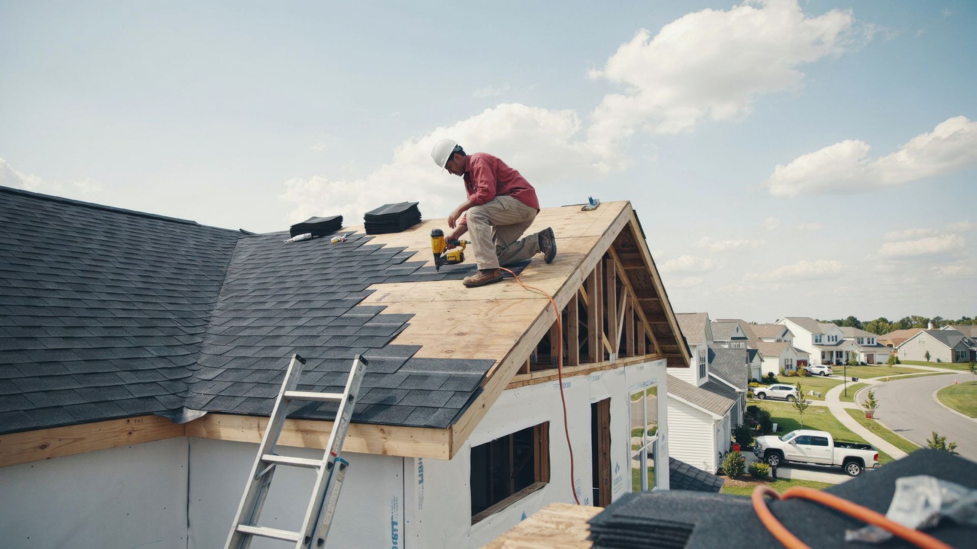 A roofing worker installing dark asphalt shingles on a house roof.