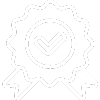 A black and white drawing of a ribbon with a check mark in the center.