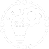 A black and white drawing of a light bulb with gears around it.