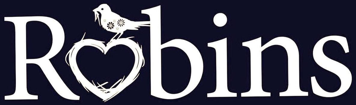 "Robins" logo with a bird perched on a heart-shaped design, white text on a navy blue background.