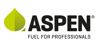 Aspen Fuel logo: green teardrop shape, black text,