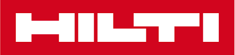 Hilti logo in white letters on a red background.