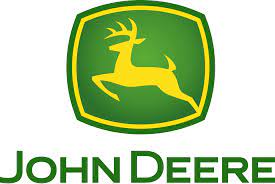 John Deere logo: yellow leaping deer inside a green rectangle, green and yellow text below.