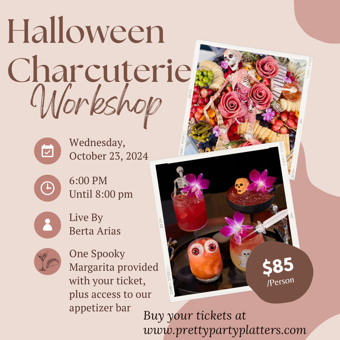 Halloween Charcuterie Workshop ad. Includes date/time, price, and images of food and drinks.