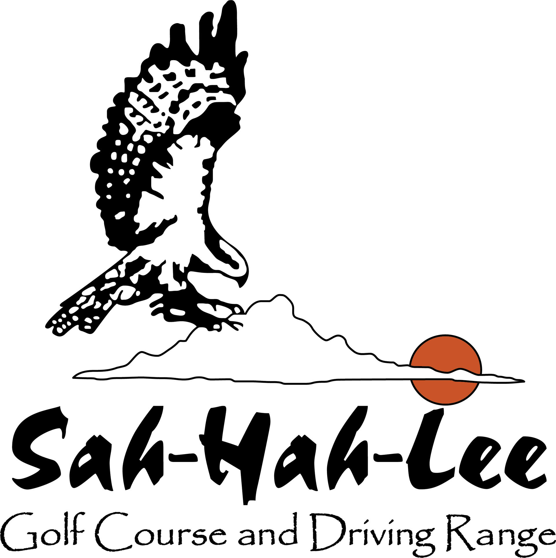 Logo for Sah-Hah-Lee Golf Course and Driving Range, features a soaring bird, mountain silhouette, and an orange sun.
