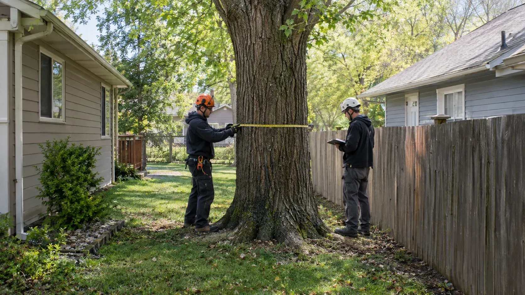 Arborists measuring a boundary tree near a fence line to assess property line laws in MN.
