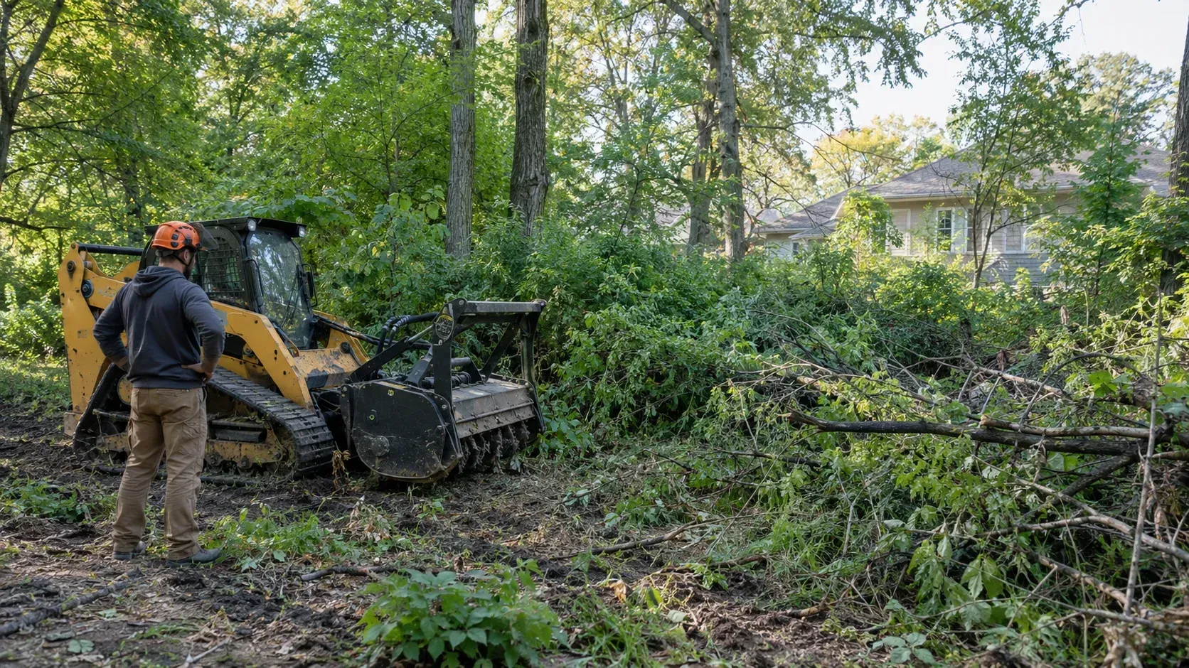 Heavy machinery clearing thick brush and overgrown lot vegetation with specialized equipment.
