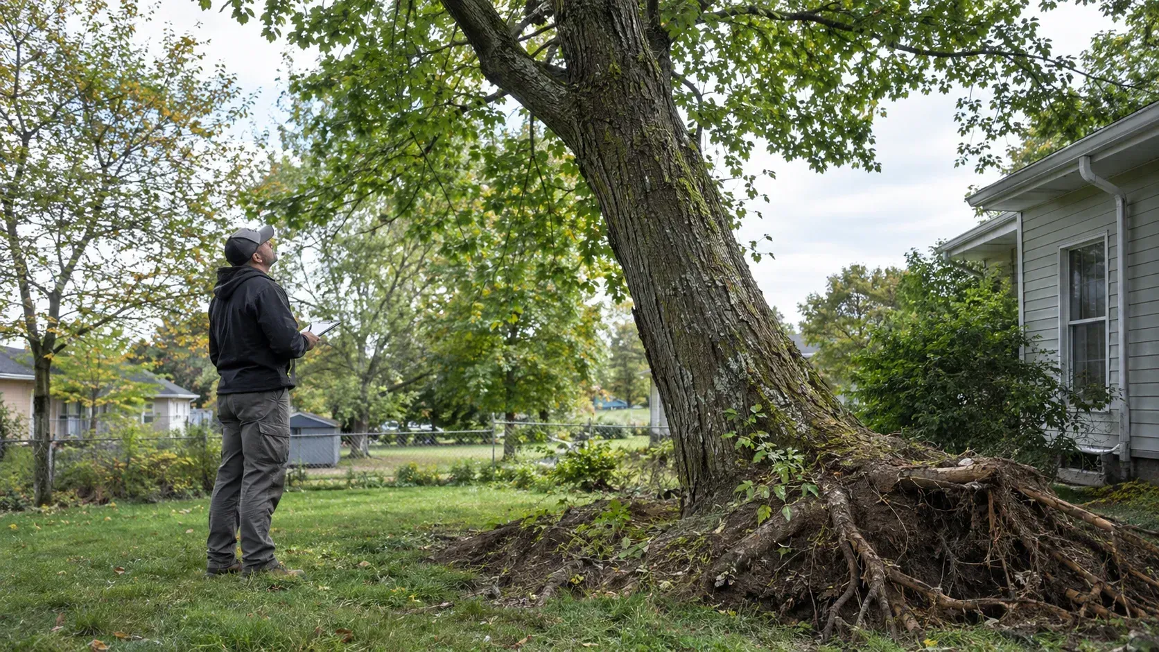 Arborist checks leaning tree roots: how do you know if a leaning tree is about to fail?