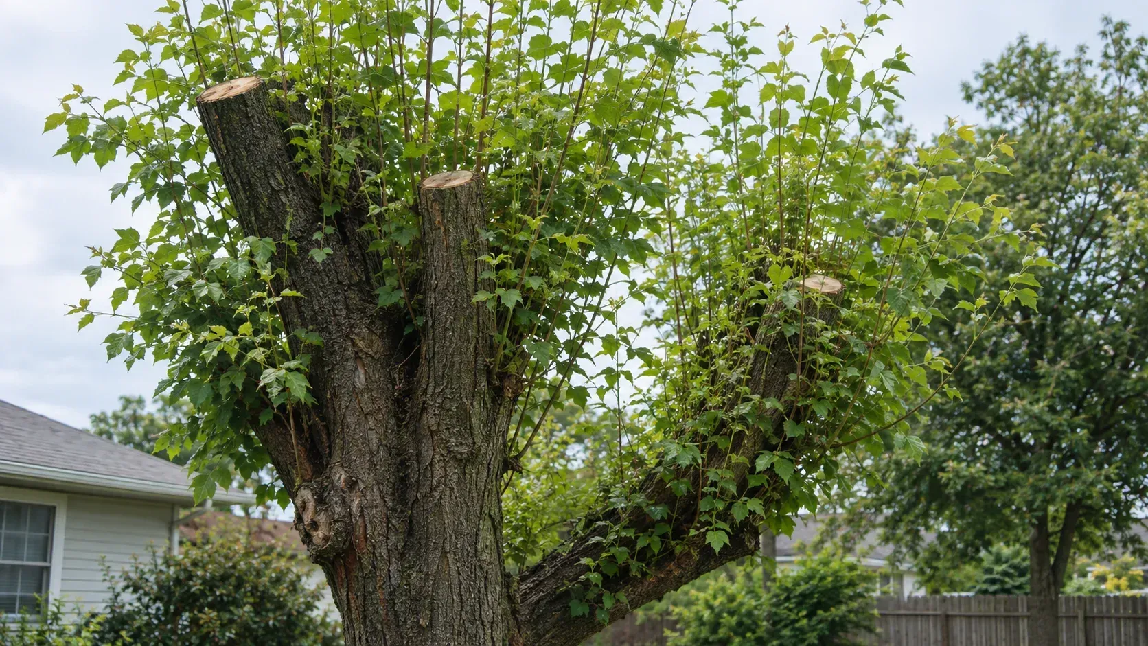 A topped tree showing why some trees grow back faster but weaker after trimming.