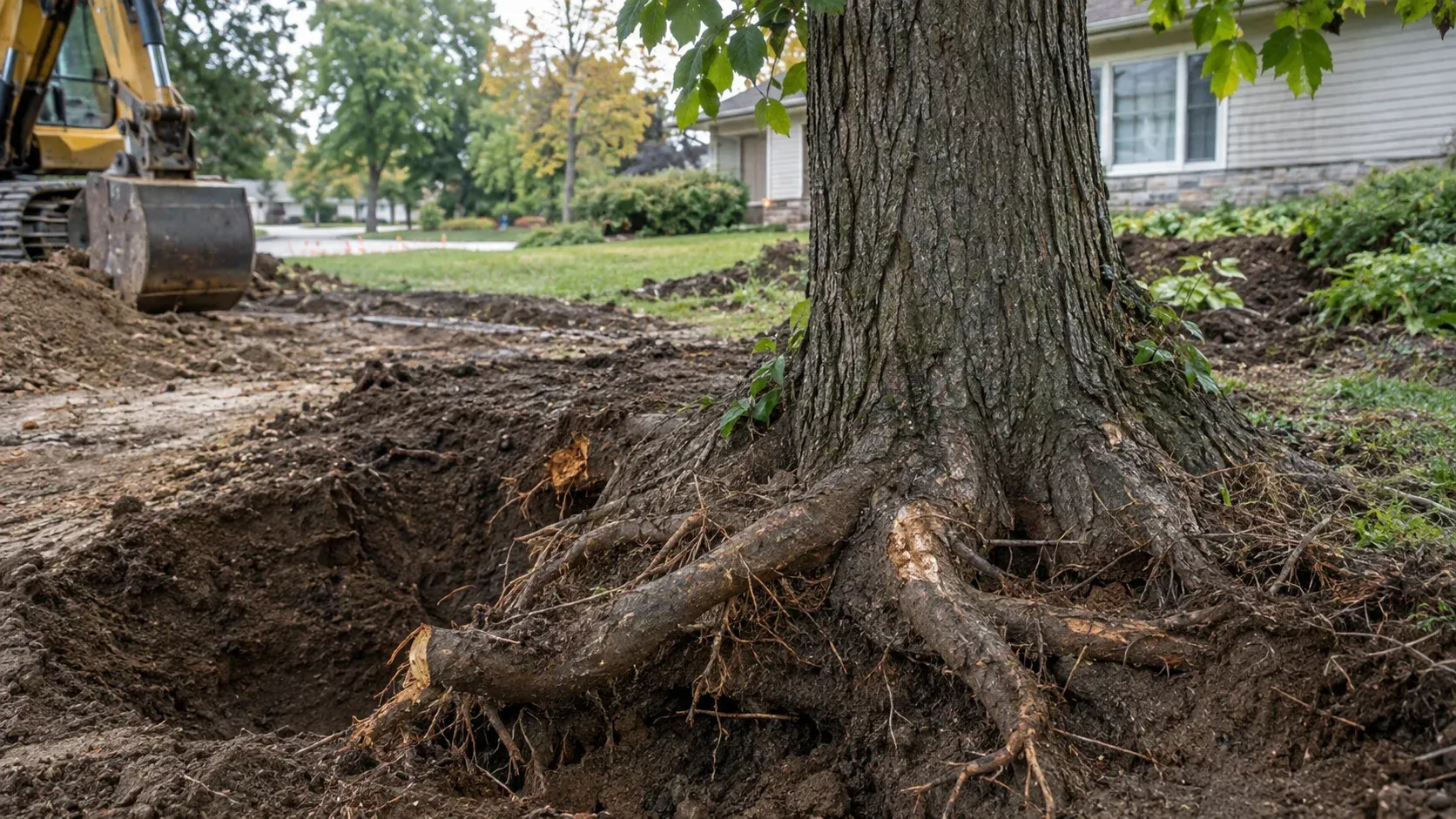 Excavator clearing soil around a large tree’s exposed roots in a residential yard