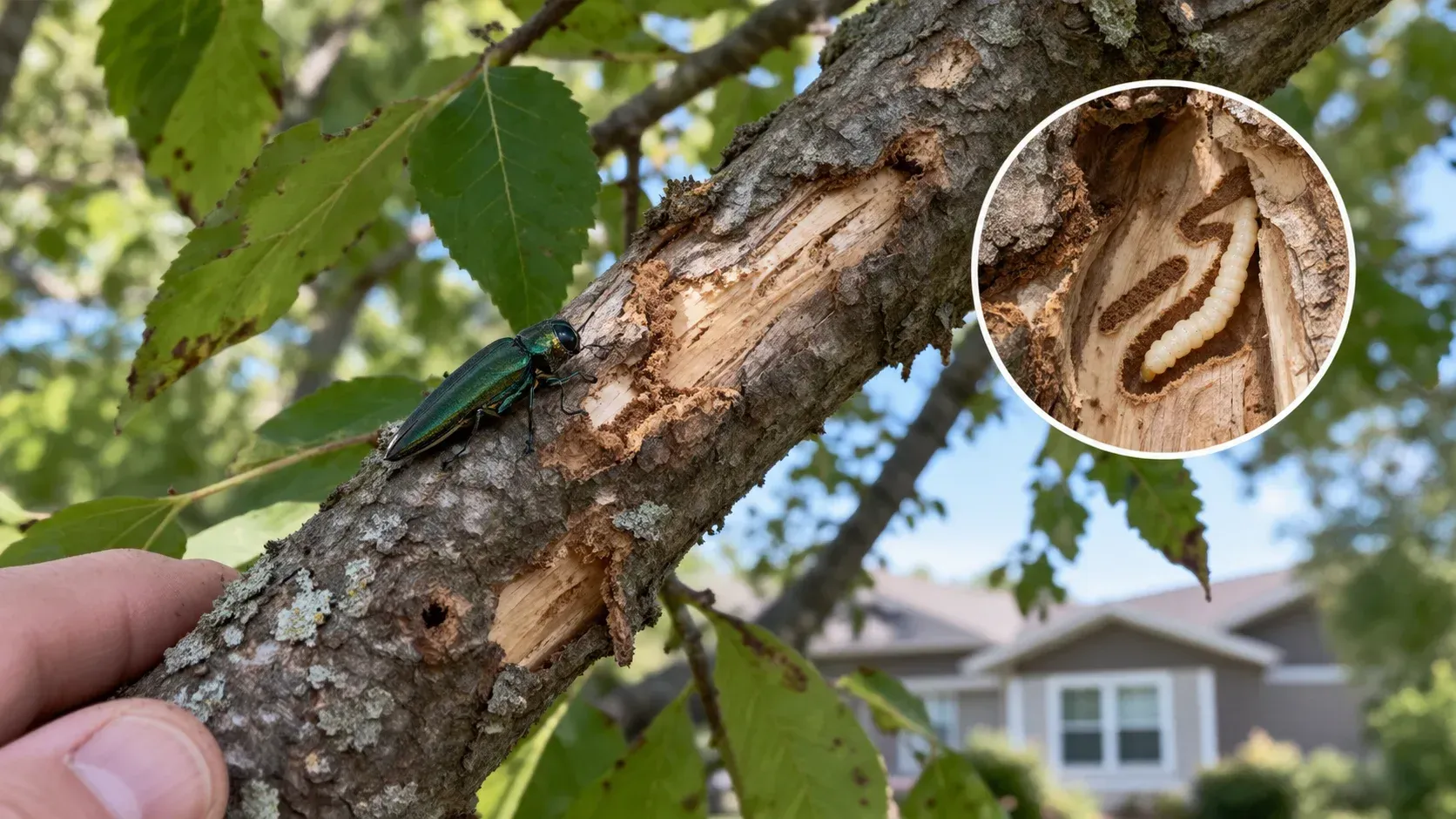 An arborist inspecting a tree branch damaged by larvae, illustrating what happens once emerald ash borer is confirmed in just one branch of a tree.