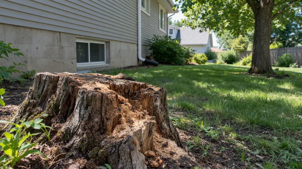 Large tree stump in a grassy yard beside a house, with a tree and sunny suburban background.