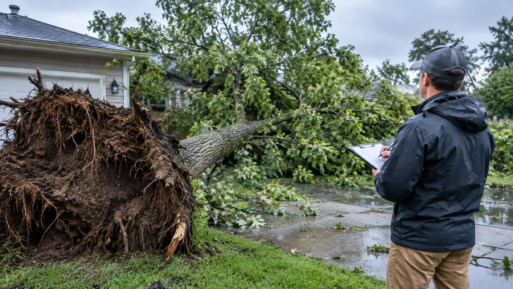 An arborist inspecting a massive uprooted tree with its root plate completely exposed after a severe storm, illustrating Does Homeowners Insurance Actually Cover Tree Removal After a Minnesota Storm?