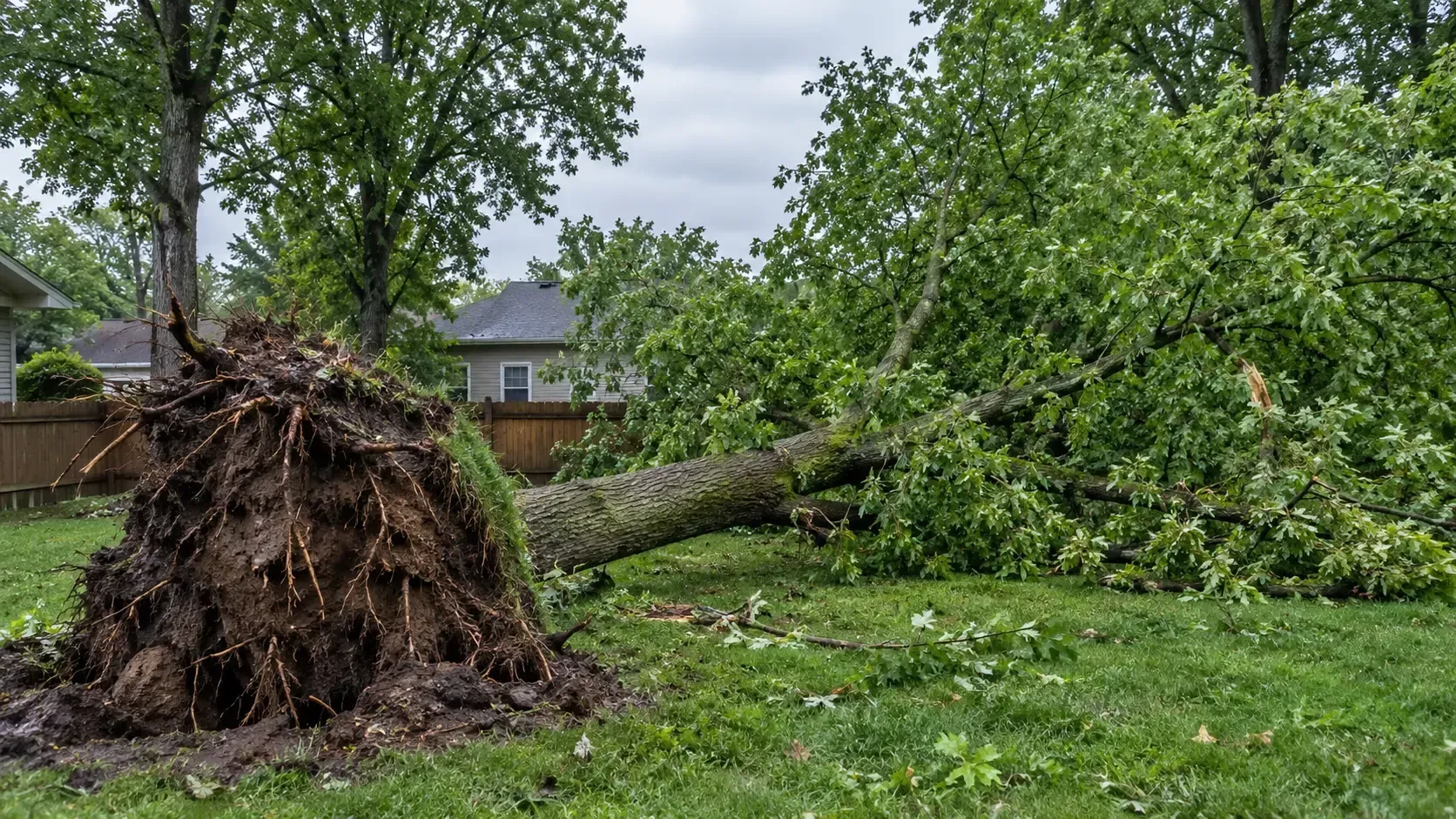 An arborist inspecting an uprooted tree, showing why storms topple resilient trees.