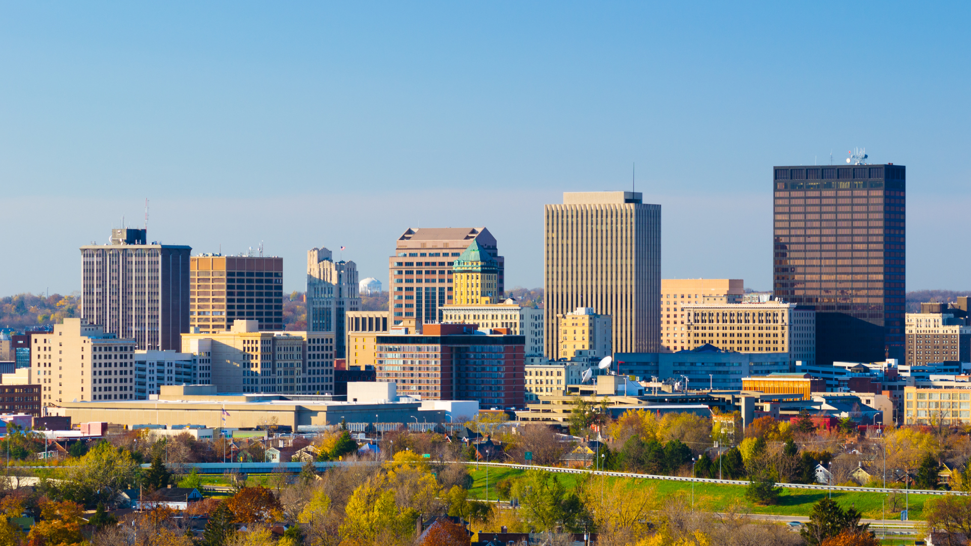 An aerial view of a city skyline with trees in the foreground.