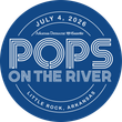 Blue circular “Pops on the River” event logo with date and Little Rock, Arkansas text