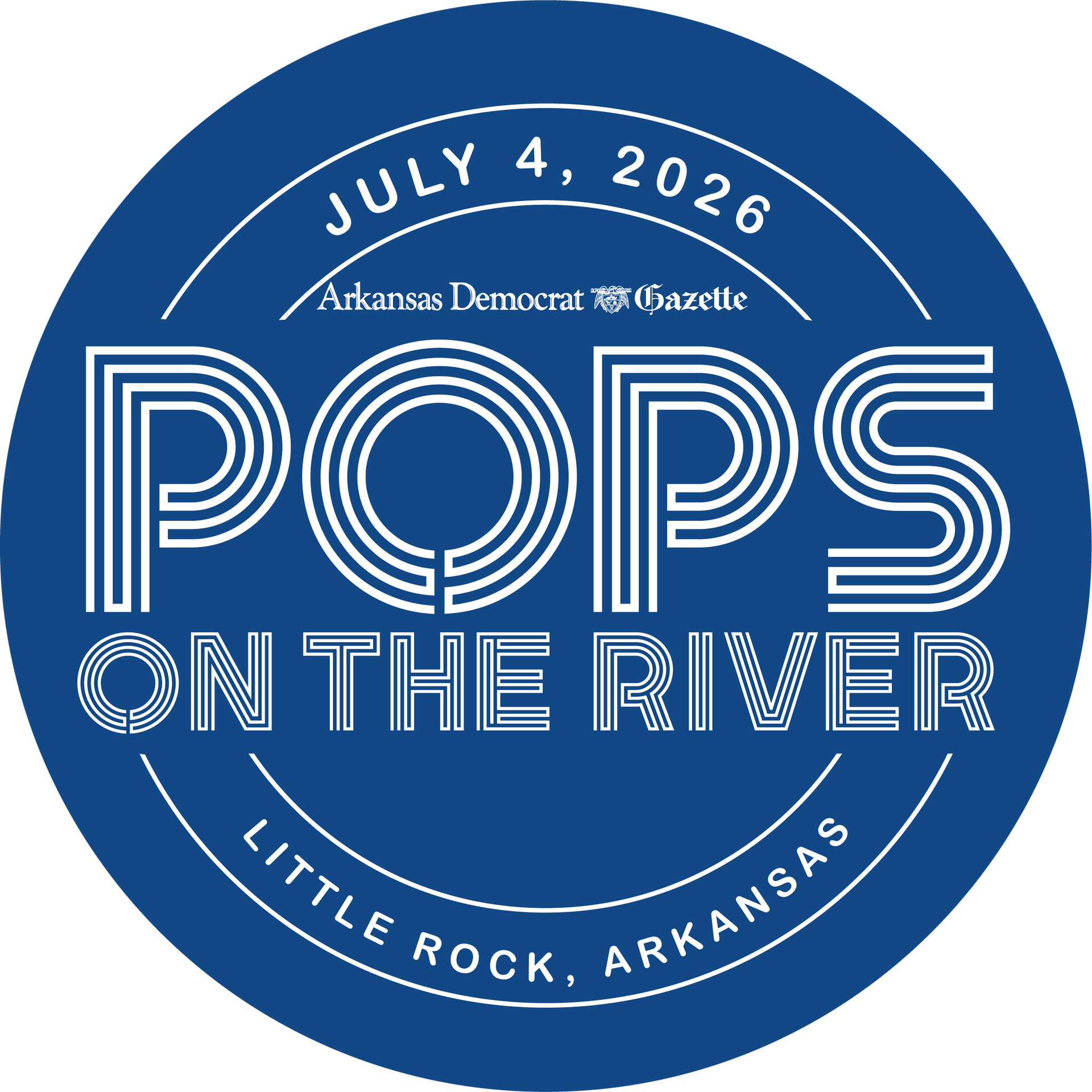 Blue circular “Pops on the River” event logo with date and Little Rock, Arkansas text